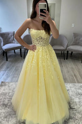 A-line Yellow Strapless Formal Dress Appliques Long Evening Dress Mychicdress